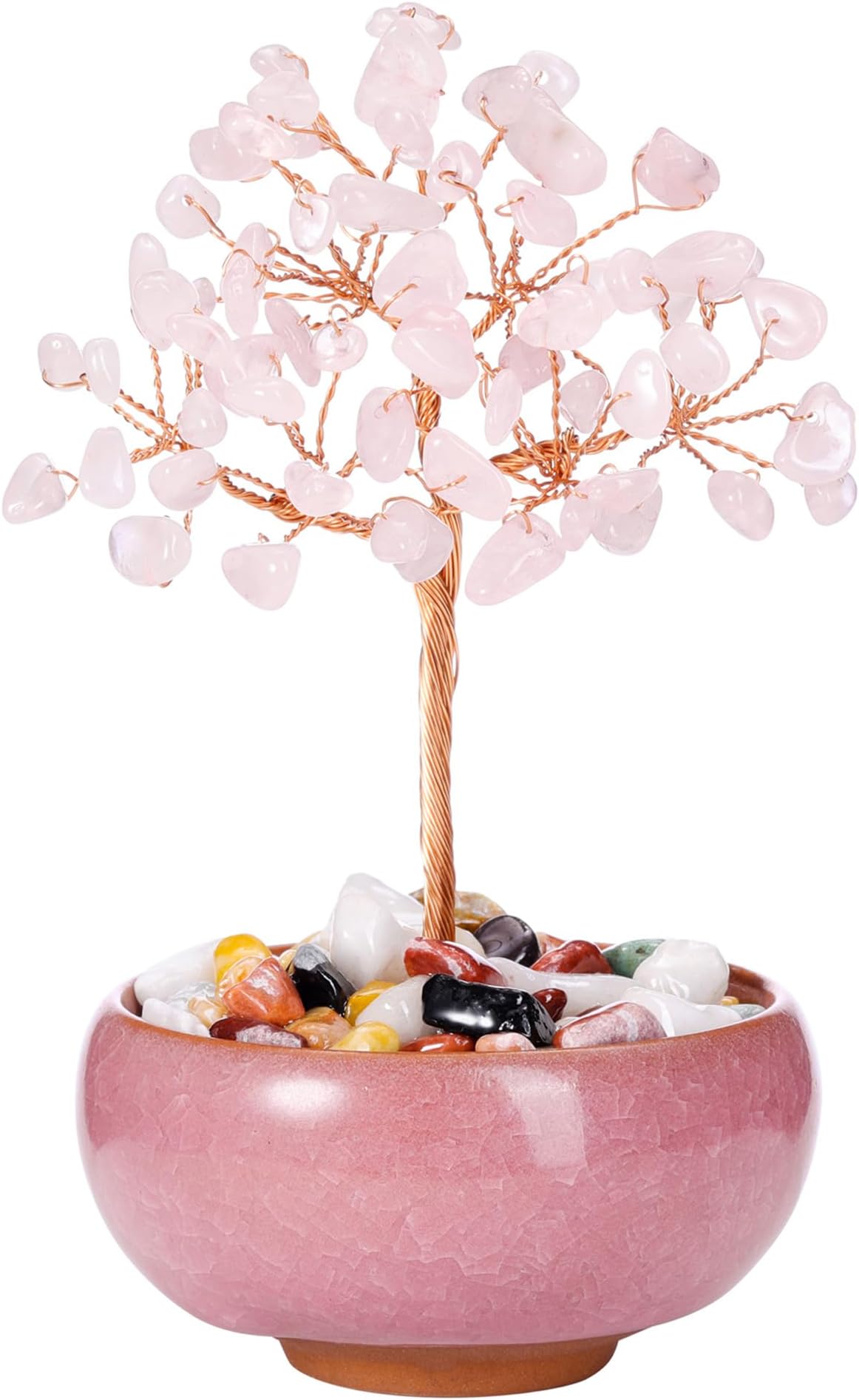 CrystalTears Rose Quartz Crystal Tree Copper Wire Wrapped Gemstone Tree Life Feng Shui Money Tree Pink Handmade Stone Tree for Home Office Decor Crystal Gifts for Christmas Birthday Good Luck