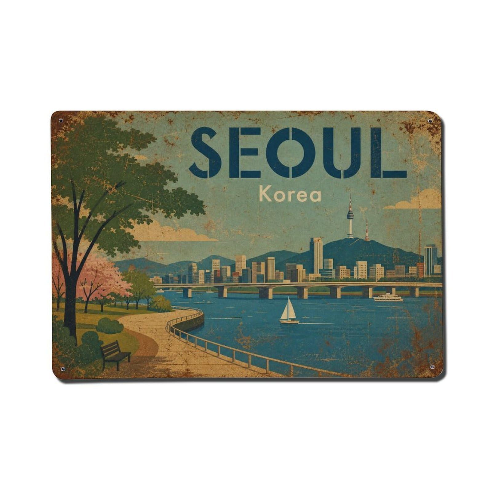 Huiyhb 8X12inch(20X30cm) Vintage Travel Seoul Korea Waterfront Metal Tin Sign