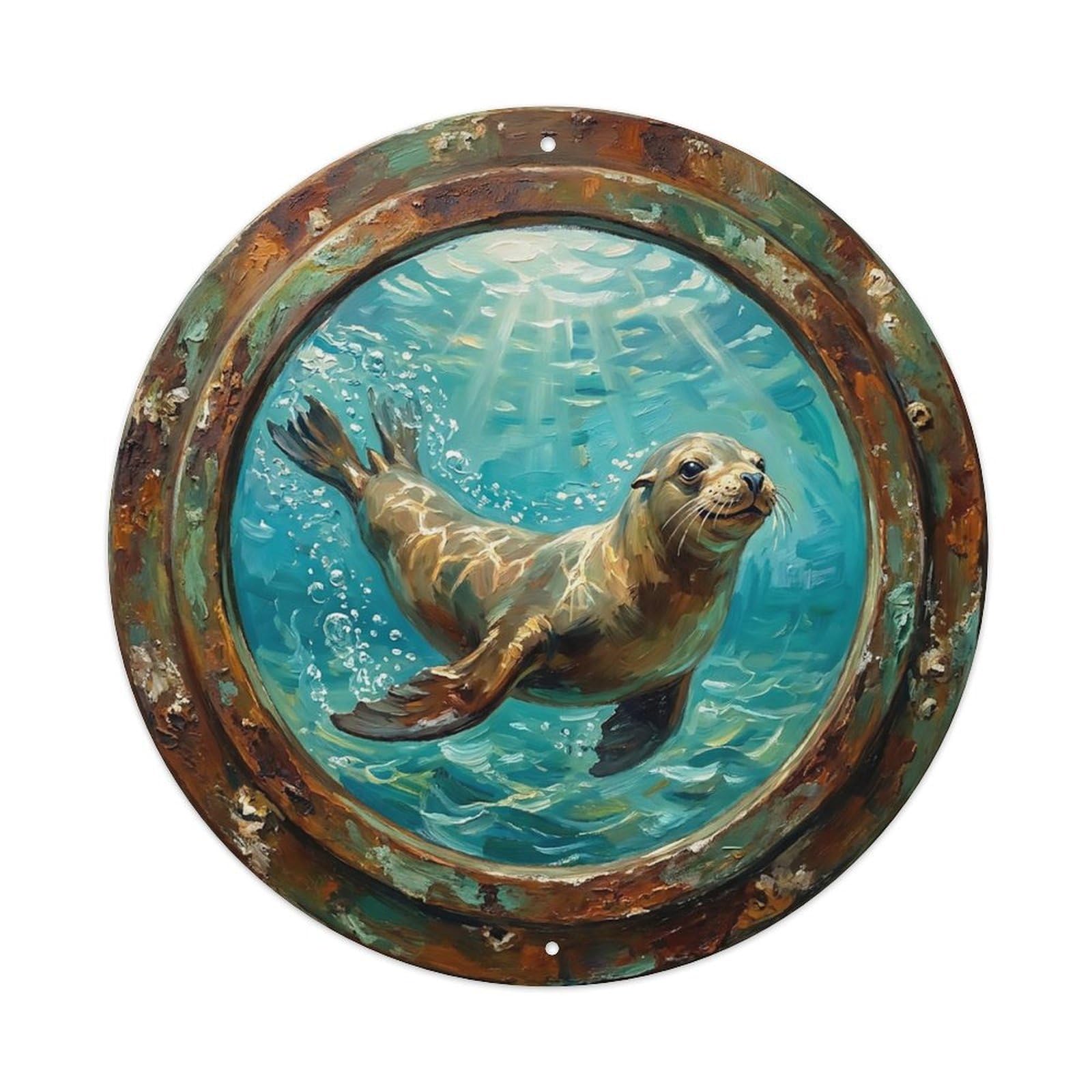 Vintage Porthole Sea Lion Ship Window Undersea Deep Sea Metal Tin Sign