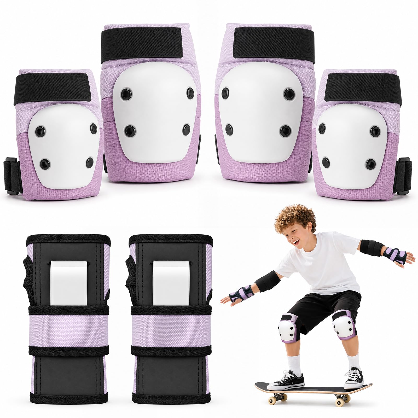 Lafefe Kids Protective Gear Set 6 in 1, Knee Pads Elbow Pads Wrist Guards with PP Shell & EVA Cushion, Adjustable Skating Pads S Size for Roller Skating Skateboard Cycling (Pink Purple)