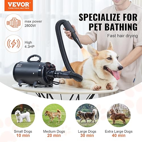 Miniatura 2 de VEVOR Secador para perros, 2800 W4.3 HP, secadora de aseo para mascotas con control de velocidad y temperatura ajustable, secador de pelo para