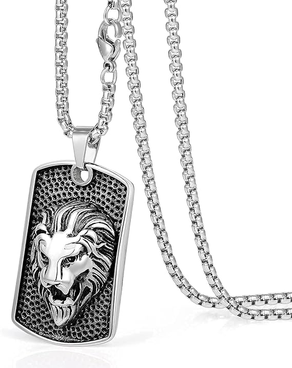 Amazon Lasua メンズネックレス ステンレススチール メンズ ドッグタグペンダント ヒップホップ ファッションネックレス 神 動物 ライオンヘッド クロスとヒョウ ブラック ゴールド ボックスチェーン 24 26インチ ステンレス鋼 不明 ネックレス 通販