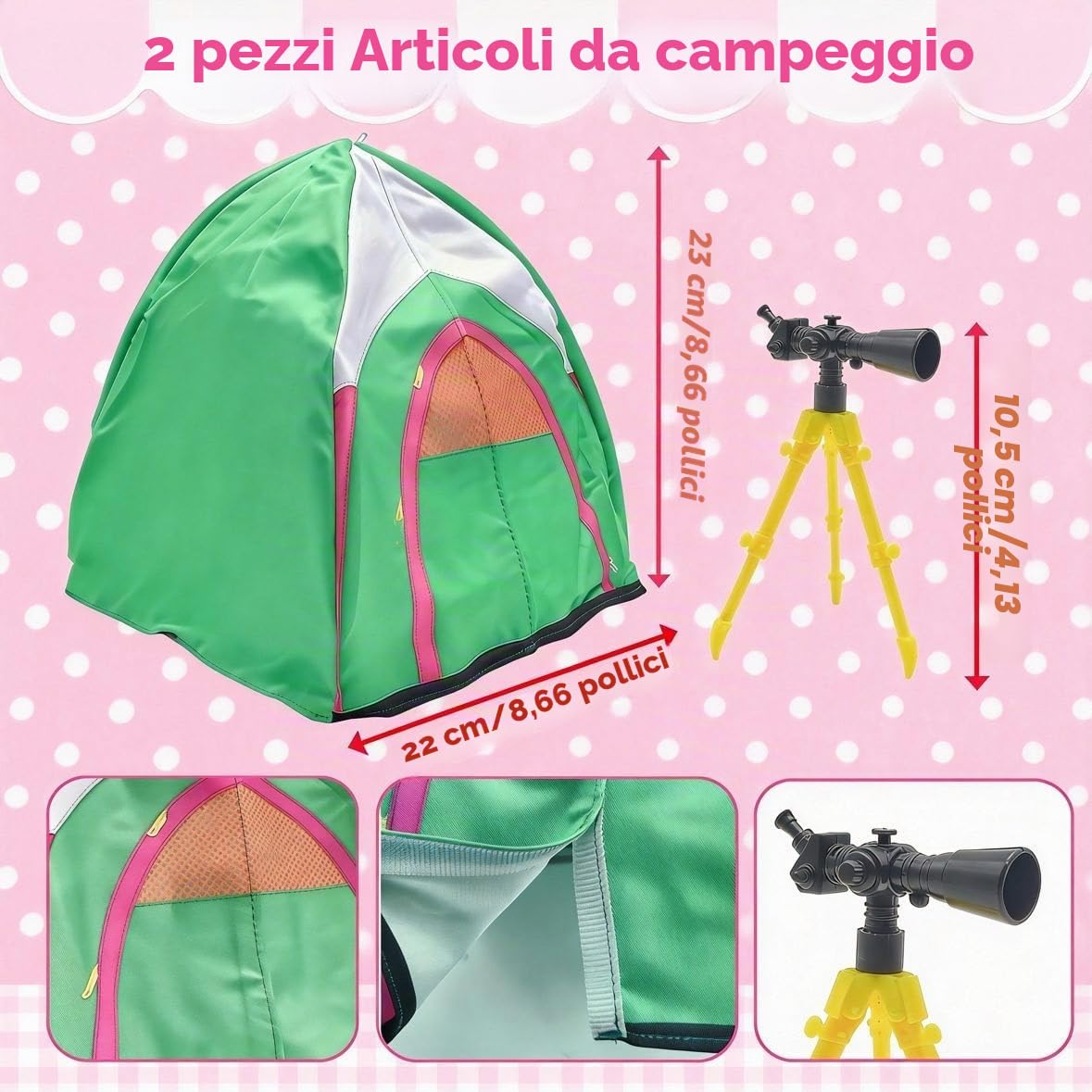 Set di 43 tende da campeggio da viaggio compatibili con Barbie, accessori per bambole da 29,9 cm con 1 tenda per bambola, 4 abiti, 4 scarpe, 4 mini cucciolo, 7 animali domestici, 1 binocolo, 14