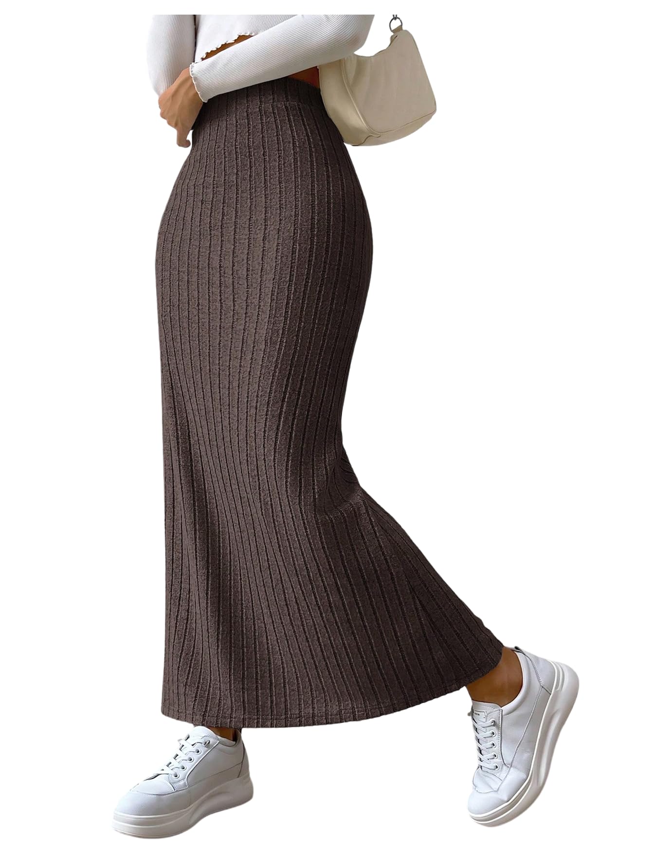 WDIRARA Womens Elastic Waist Knit Maxi Bodycon Skirts Slit Thigh Long Skirt