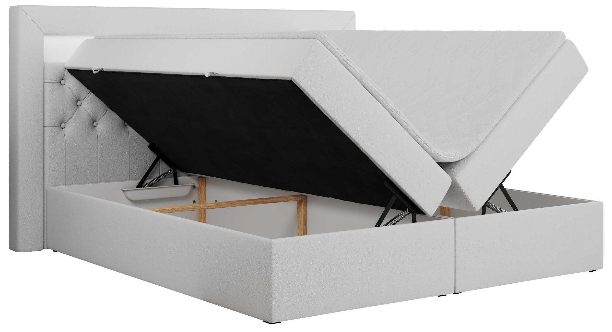MKS MEBLE Boxspringbett 180x200 mit Led Weiß Kunstleder, Bett 180x200 mit LED Kopfteil, Multipocket Matratze H3, Doppelbett mit Bettkasten Stauraumbett - Gold-6 - Weiß Kunstleder