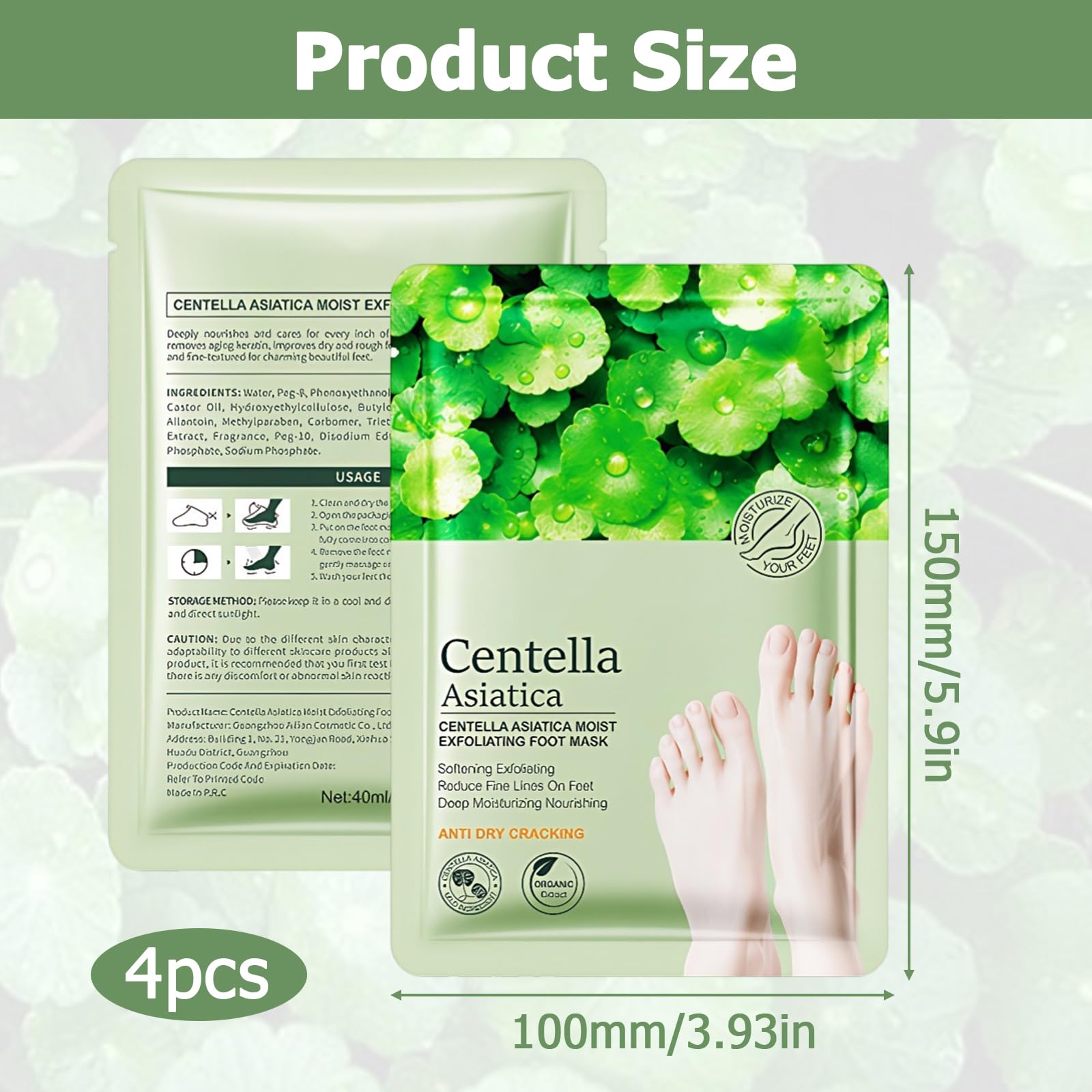 4 Paires De Masque Pieds Peeling Exfoliant, Peeling Pied, Masque Pieds Très Secs Et Abîmés Riches En Centella Asiatica, Nourrissant En Profondeur, Soin Doux, Convient Aux Hommes Et Aux Femmes