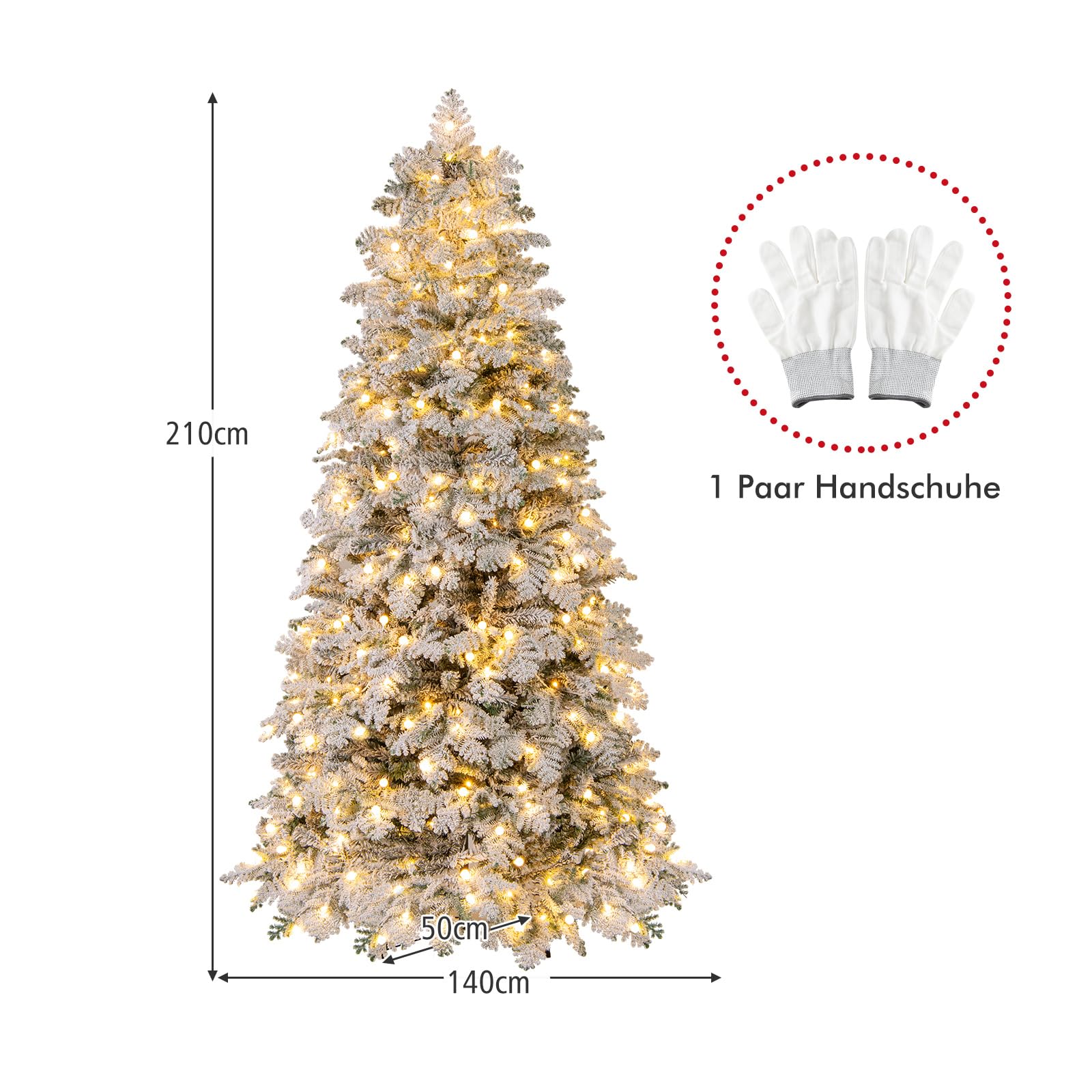 GYMAX Künstlicher Weihnachtsbaum, Schnee-Tannenbaum mit 260/320 warmweißen LED-Lichtern, 130/160 Kugellichtern & 8 Modi, LED Christbaum für Innenhöfe, Veranden & Gärten (210 cm)