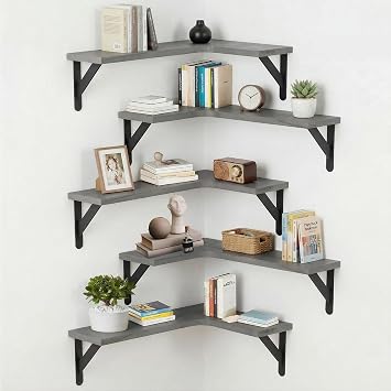 Corner Floating Shelves Set of 5, Rustic Wood Shelves, Grey