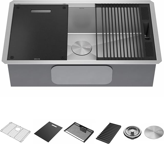 DELTA Rivet 32-Inch Workstation Kitchen Sink Undermount 16 Gauge Stainless Steel Single Bowl with WorkFlow Ledge and Chefs Kit of 6 Accessories, 95B931-32S-SS