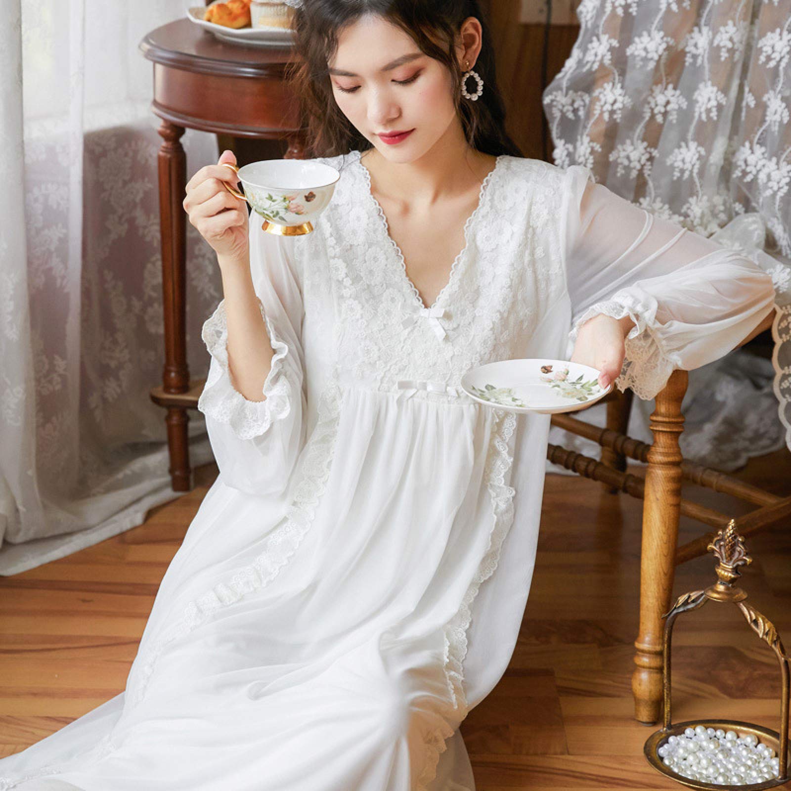 OFFSUM Camicia da Notte Donna - Camicia da Notte A V con Scollo A Tinta Unita Primavera Autunno Pizzo Camicia da Notte Dolce Principessa Palace Stile Pigiameria Ricamato Vestito