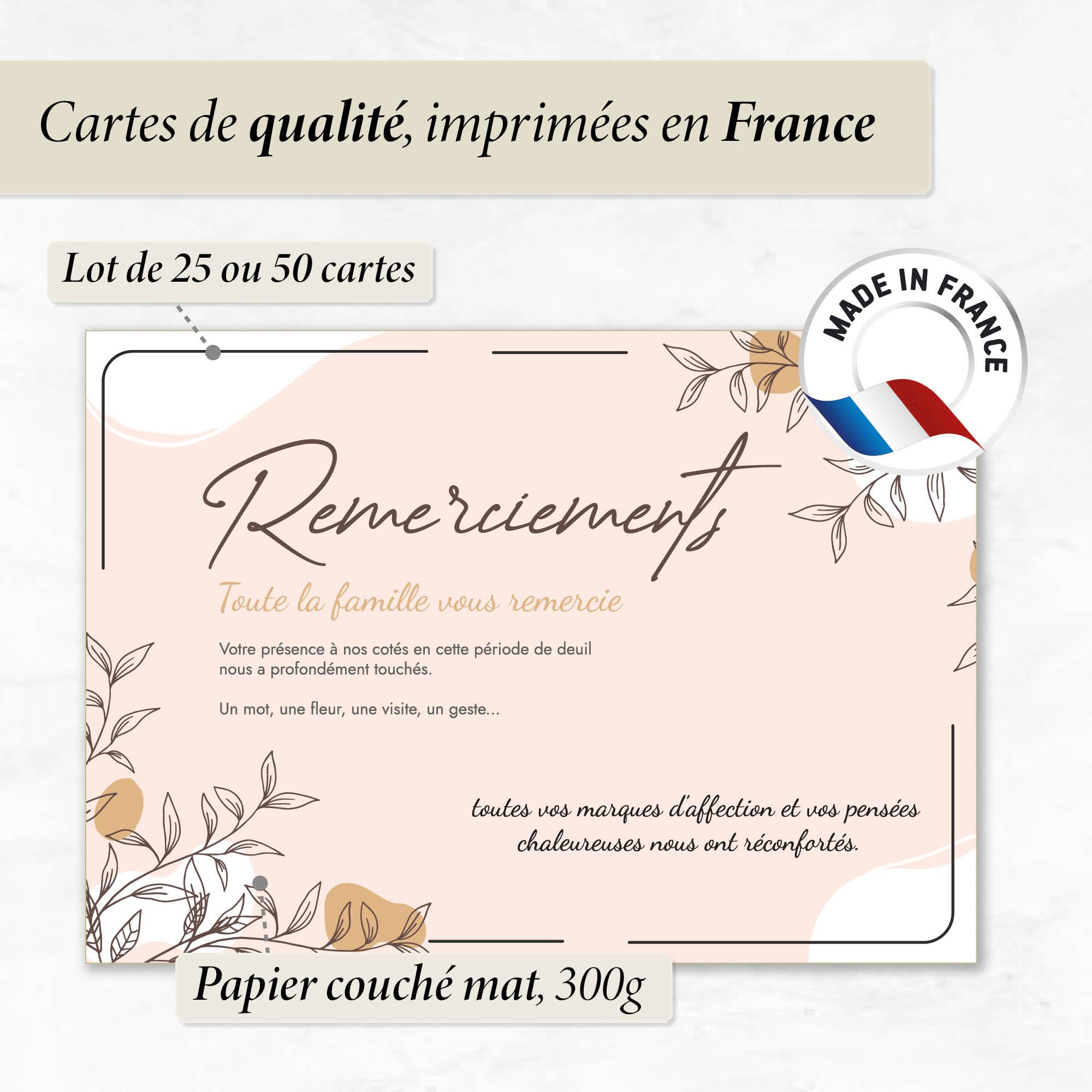 Cartes Remerciements Deuil - Lot de 25 Cartes + 25 Enveloppes | Cartes Condoléances Décès Obsèques ou Enterrement | Papier Mat 300g de Haute Qualité | Dos Vierge à Personnaliser | Format 14,8x10,5 cm