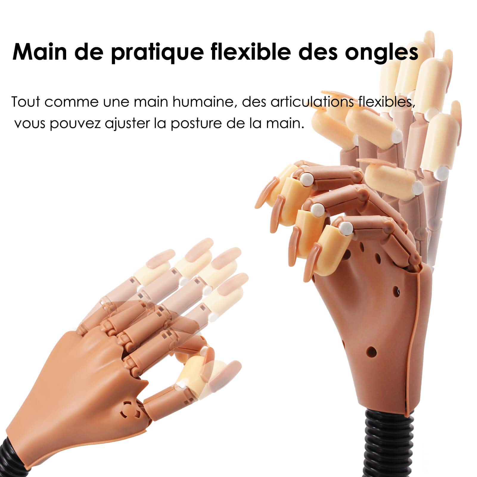 Pratique Faux Nail Art, Mains et Doigts d'entraînement Flexible + 400 pièces Pointes d'ongles Remplaçables (Marron)