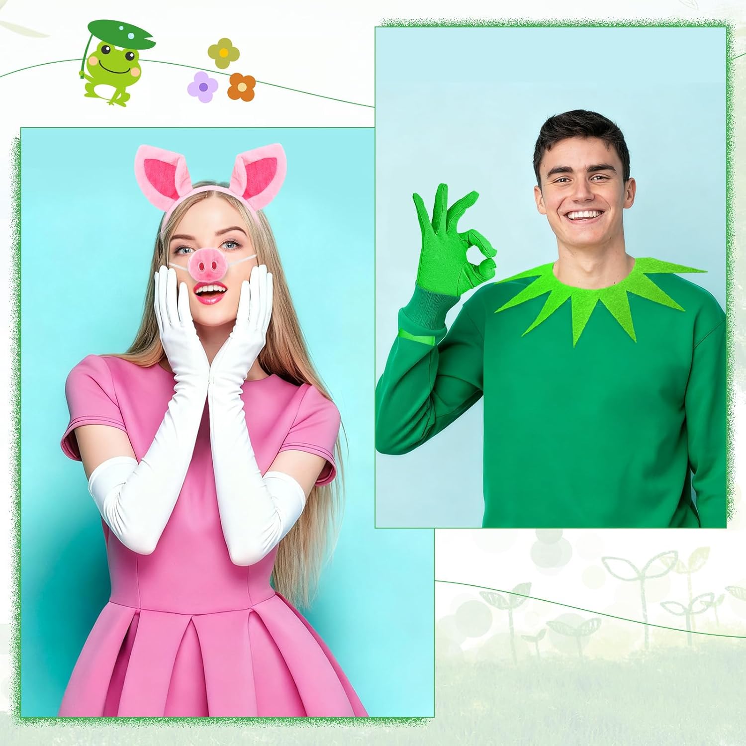 Preboun 8 Pcs Halloween Frog and Pig Costume Accessories Includes Headband Collar Gloves Pig Nose for Halloween Cosplay - Image 3