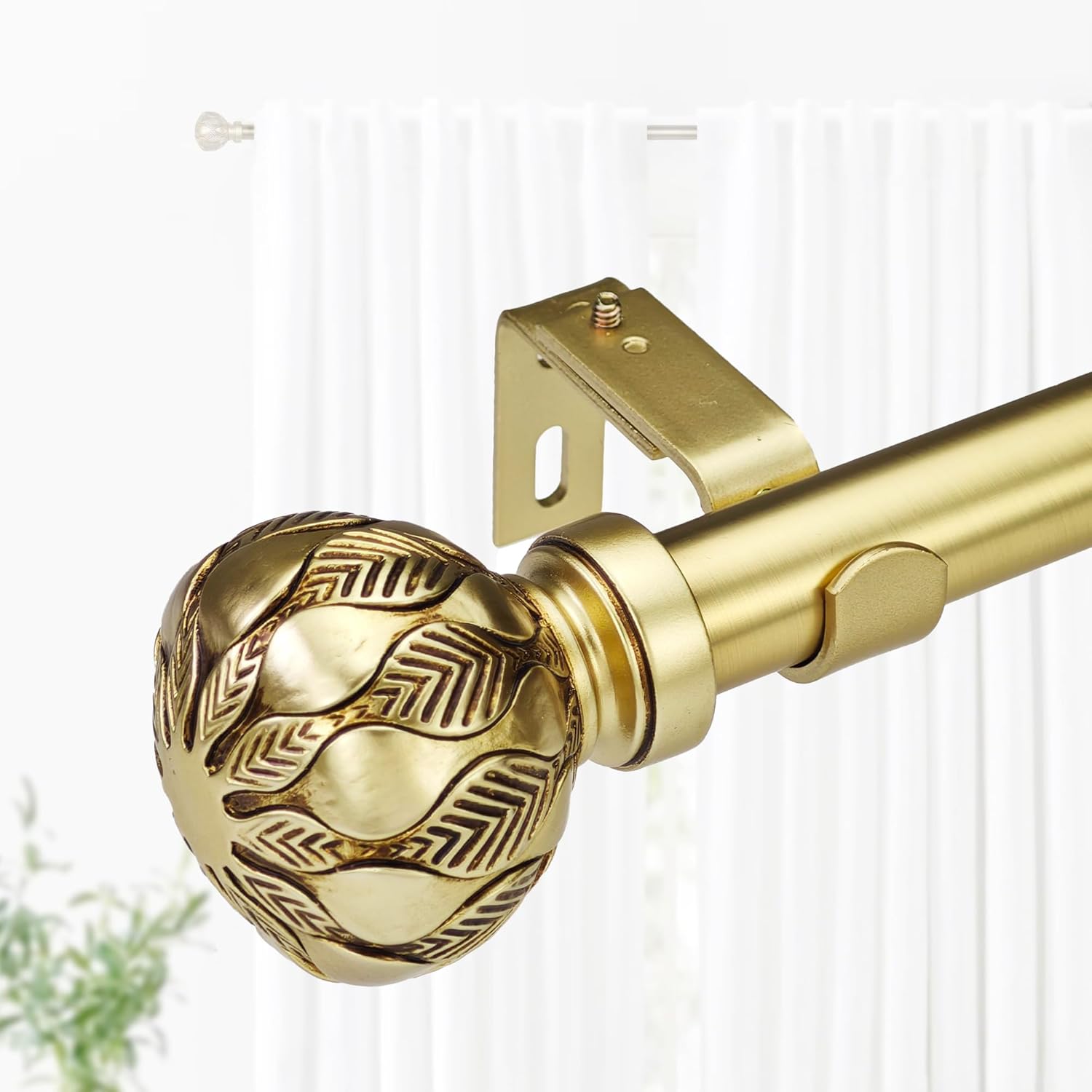 1 Inch Single Curtain Rods 72 to 144 Inches Adjustable Drapery Rods for Window width 68 to 140 Inches, Carved Leaves Finials, Brushed Gold