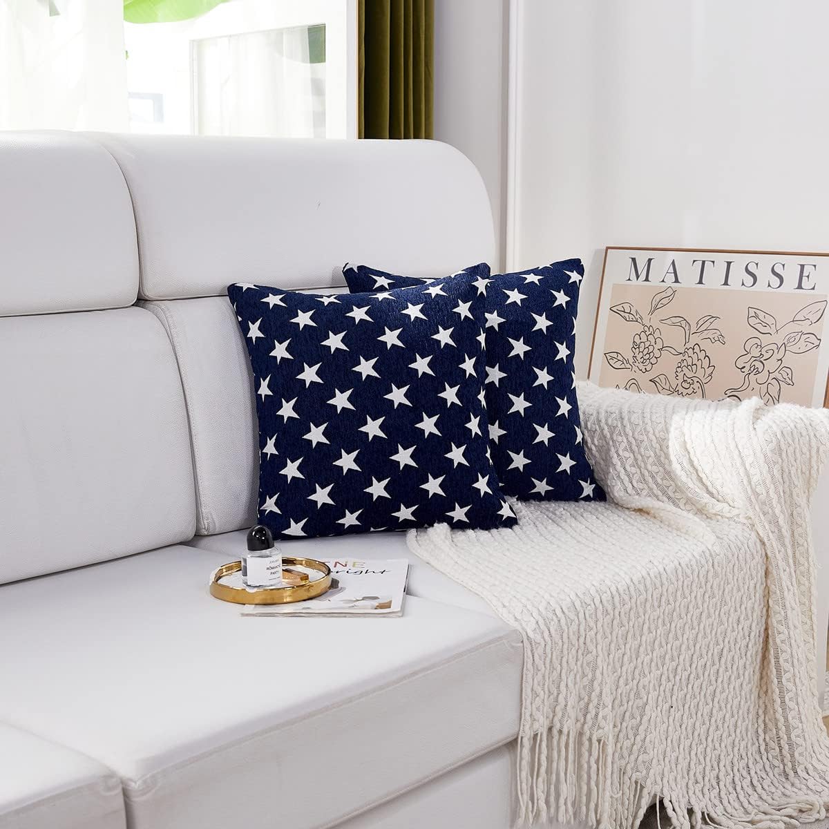 Sunday Praise Set of 2 Soft Chenille Decorative Throw Pillow Cover Case Geometric Stars Patriotic Accent Square Cushion Cover Case Sham for Couch Sofa Bed Car 22 x 22 Inch 55x55cm (Blue)