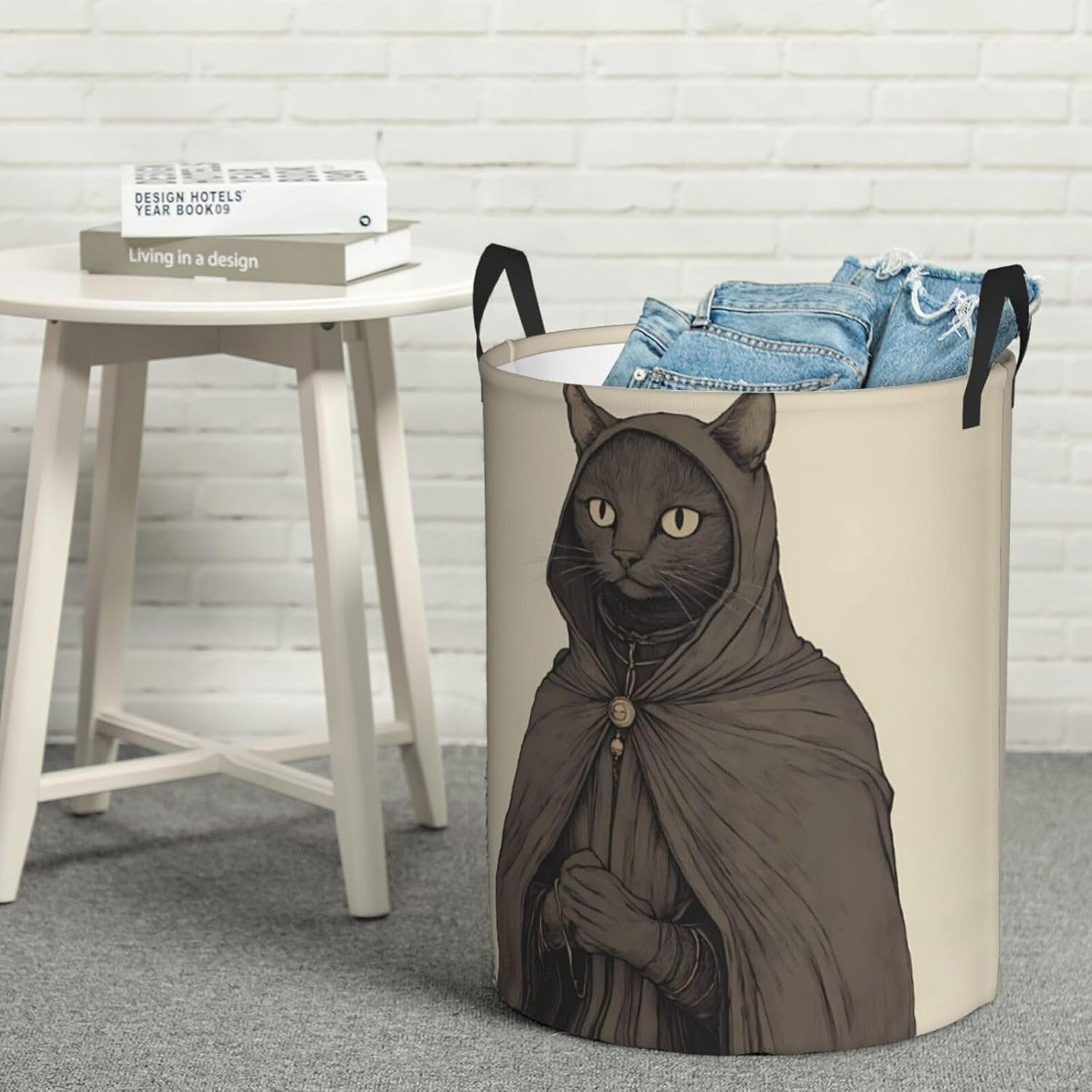Cape Cat Round Single-layer Laundry Basket, Portable Storage Laundry Basket, Bedroom Clothes Storage Basket with Handle