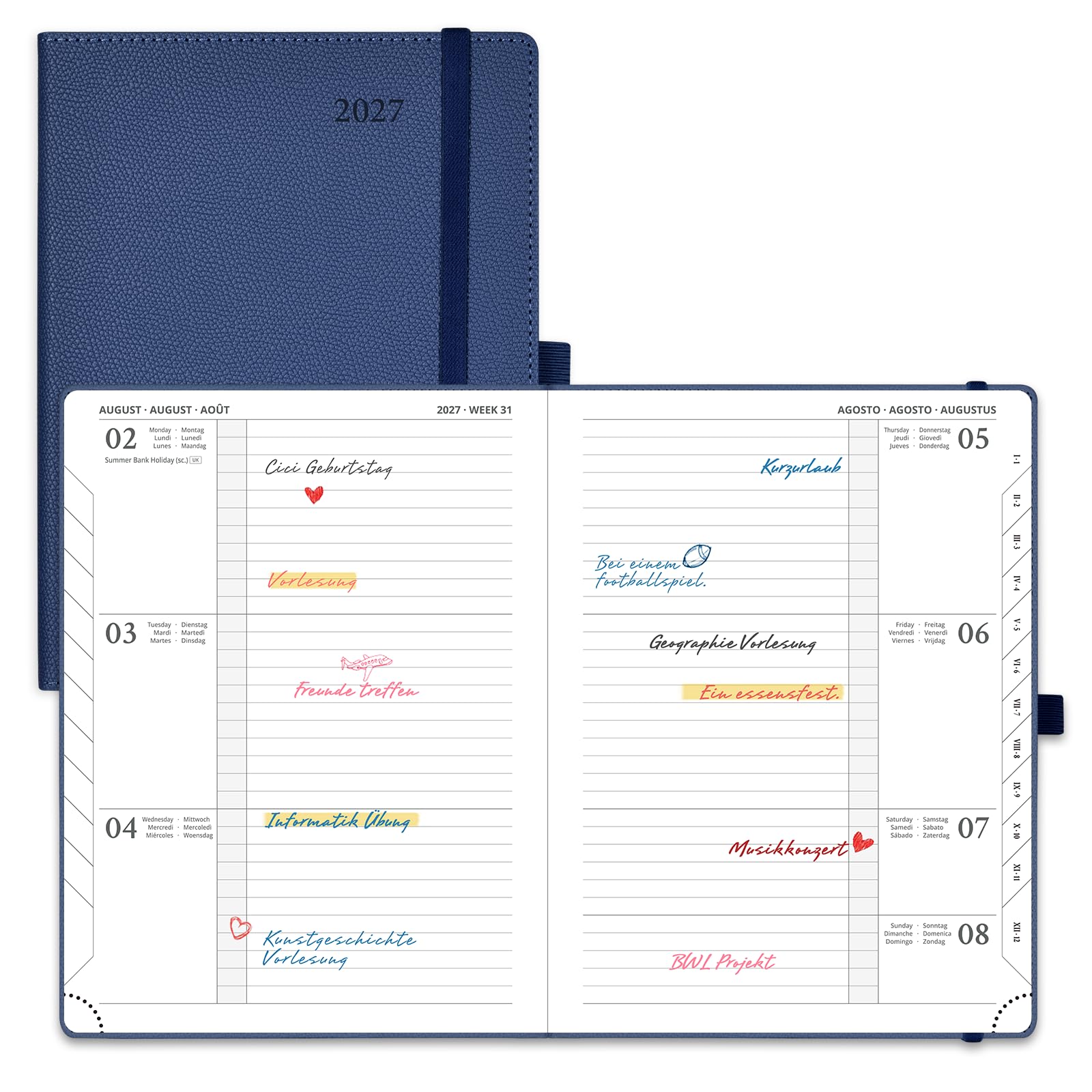 POPRUN Kalender 2027 Wochenplaner Horizontal ca.A5(21,8 x 16,4cm) Hardcover | PU-Leder,(Jan.2027-Dez.2027),Planer 1 Woche 2 Seite(Montag - Sonntag),Terminplaner mit 100 GSM Papier(Marineblau)