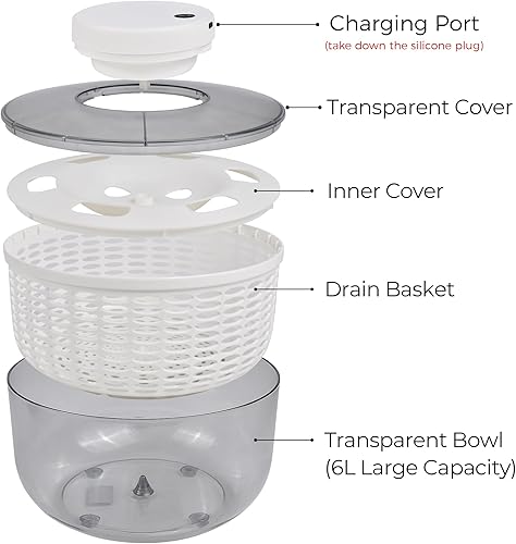 Miniatura 3 de Spinner eléctrico para ensaladas, gran capacidad de 6 litros, recargable por USB, secado rápido de verduras, sin BPA, secadora de verduras y