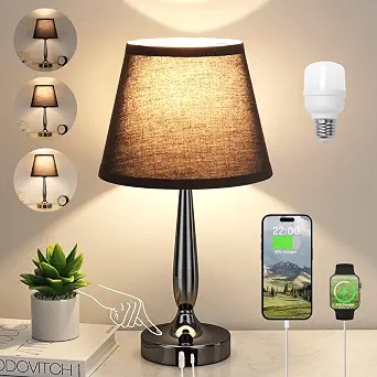  Touch Bedside Lamp for Bedroom with USB C Port, Small Touch Table Lamp with 2 USB Charging Ports, 3 Way Dimmable Nightstand Lamp for Living Room and Office - Black (LED Bulb Included)