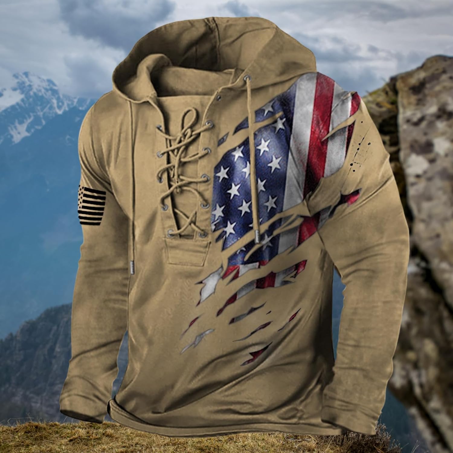 Bengbobar Men's Military Tactical Hoodies Retro Distressed American Flag Print TieUp Pullover Trainning Camping Sweatshirt
