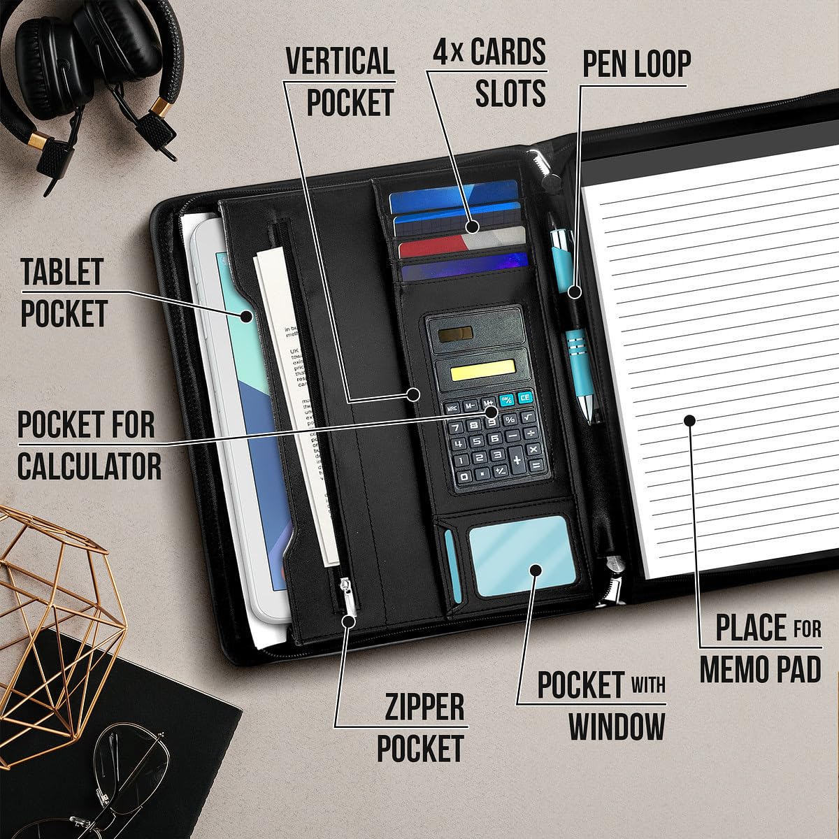 Generic Premium Leather Portfolio Folder Set, Professional Padfolio for Women & Men, Textured Synthetic Leather, Zippered Business Binder, Clipboard, Legal Pad, A4 Notepad Holder,Interviews, Meetings - Image 7