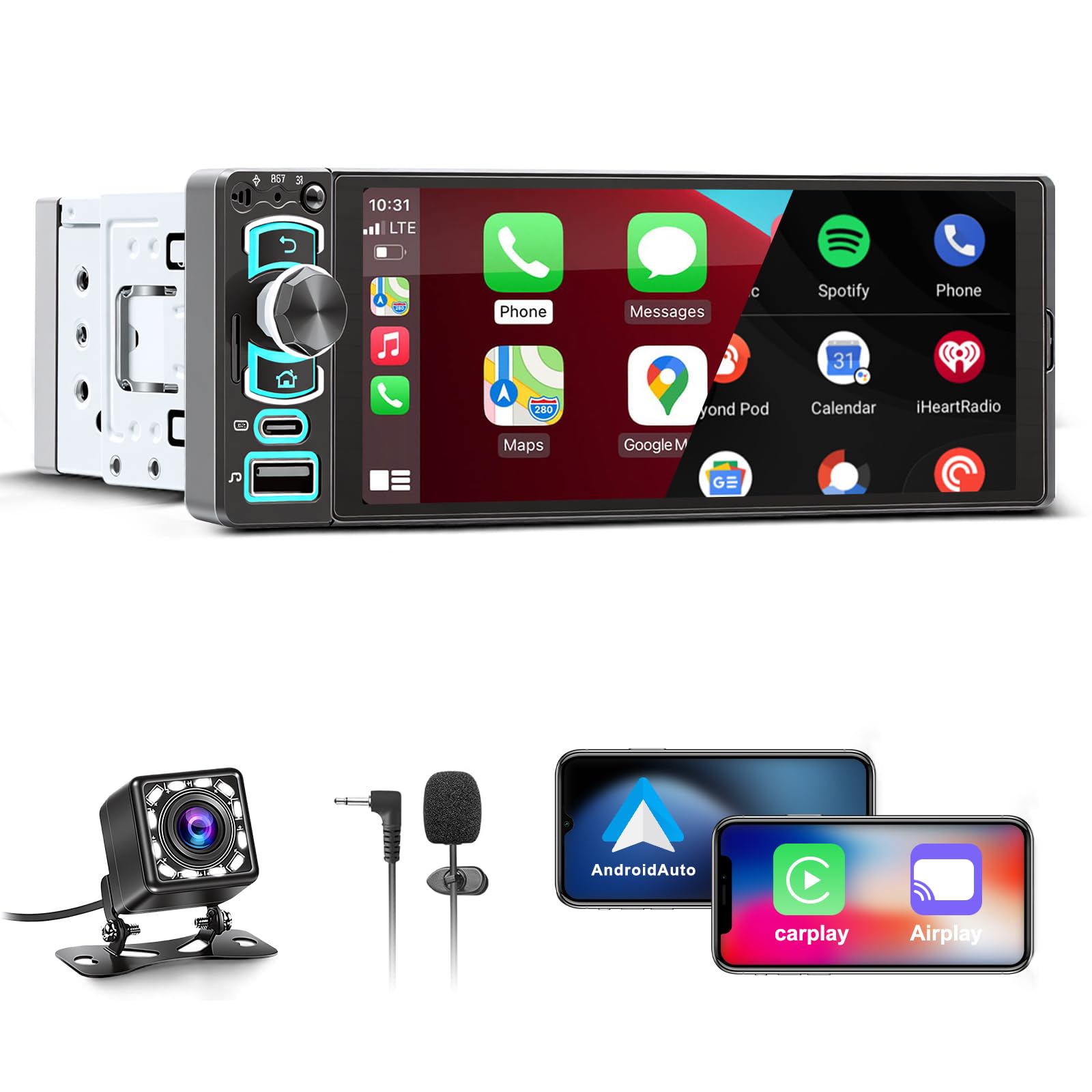 6,28” Autoradio 1 DIN con Schermo,Car Radio con Wireless CarPlay Android Auto,Radio 1 Din Car Play Supporta Bluetooth,Mirror Link, Telecamera Posteriore,FM,EQ,Type-C,Mic,Touchscreen,Navigazione GPS