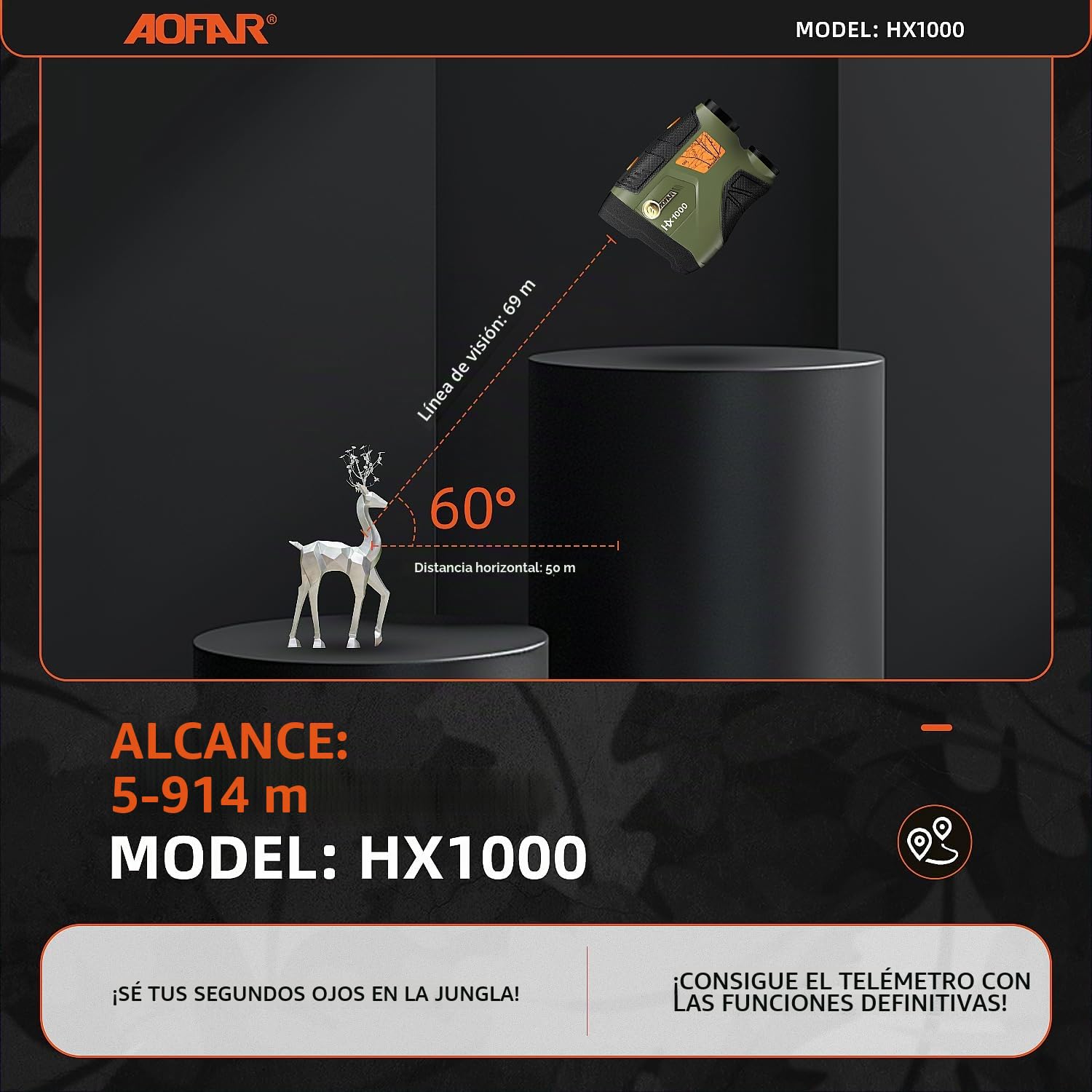 AOFAR HX1000 Telémetro de Caza y Tiro con Arco, Alcance 1000 Yardas, Medición de Distancia Angular y Horizontal, 6X Aumento, Modos de Escaneo y Velocidad, Resistente al Agua, con Batería Incluida