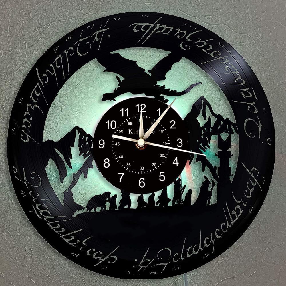 Herr der Ringe Musik Band Vinyl Wanduhr, LED 7 Farben Nachtlampe Retro Wanduhr, Wohnzimmer, Küche, einzigartige Geschenke, handgefertigte Heim-Wanddekoration (mit Licht/Hook+Gift Bag)