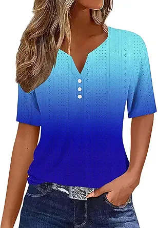 Womens Summer Tops Eyelet Cold Shoulder Shirt Button Down Henley Shirts Vacation Trendy Vneck Blouse Boho Comfy Shirts