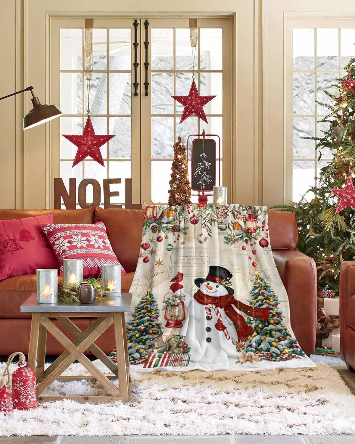 Christmas Flannel Fleece Blanket Snowman Christmas Tree Super Soft Warm Cozy Throw Blanket Retro Holly Berries Balls Bed Couch Car Blankets for All Season 40" x 50"