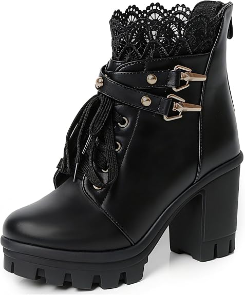 FOREADA Goth Boots Chunky Heel Boot For Women Ankle Combat Booties Black Platform Bootie Buckle Rivets Punk Goth Shoes With Zipper