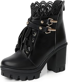 FOREADA Goth Boots Chunky Heel Boot For Women Ankle Combat Booties Black Platform Bootie Buckle Rivets Punk Goth Shoes With Zipper