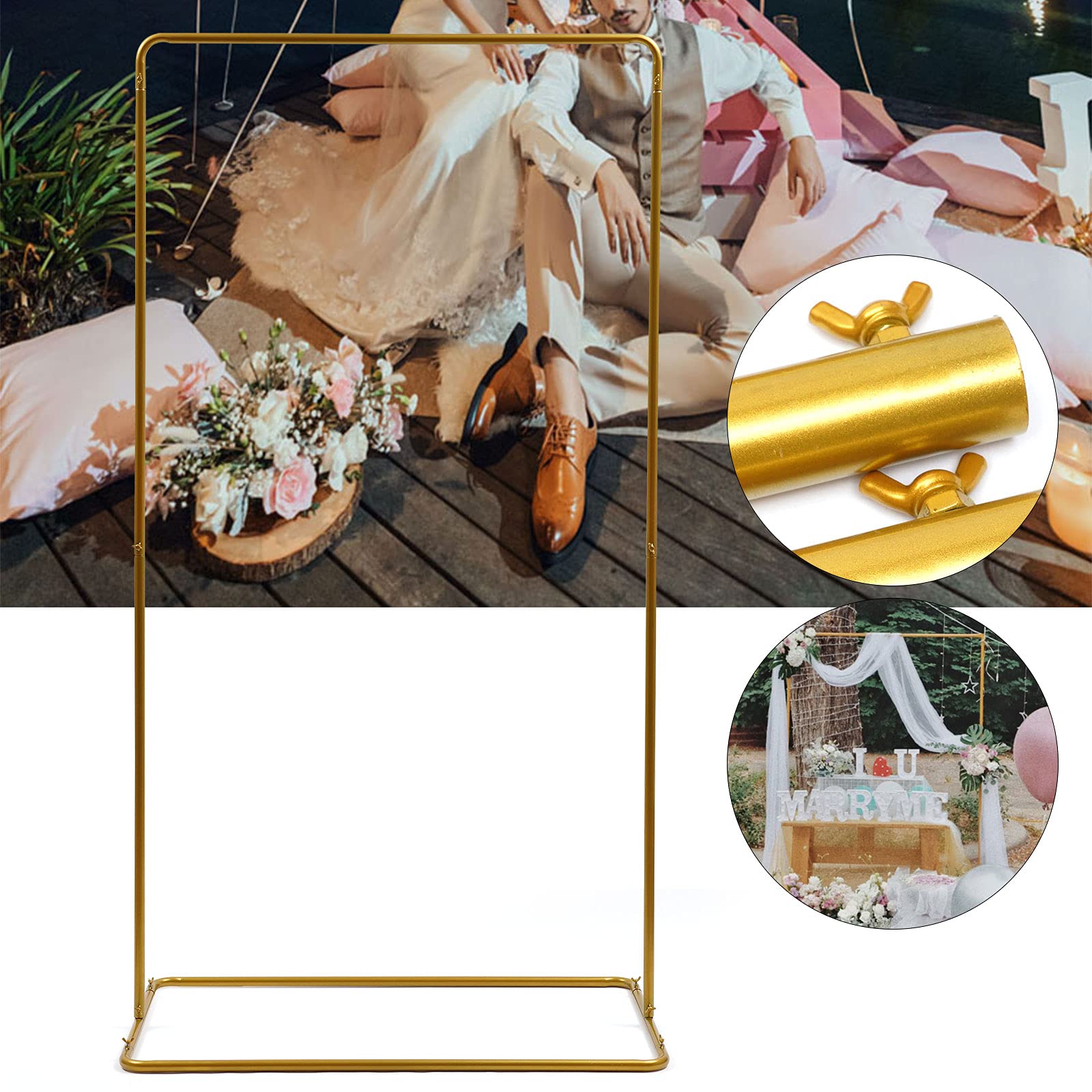 Soporte de metal dorado para arco de boda, cartel de bienvenida, estante publicitario, 105 x 62 x 200 cm, para boda, sala de estar, jardín, patio