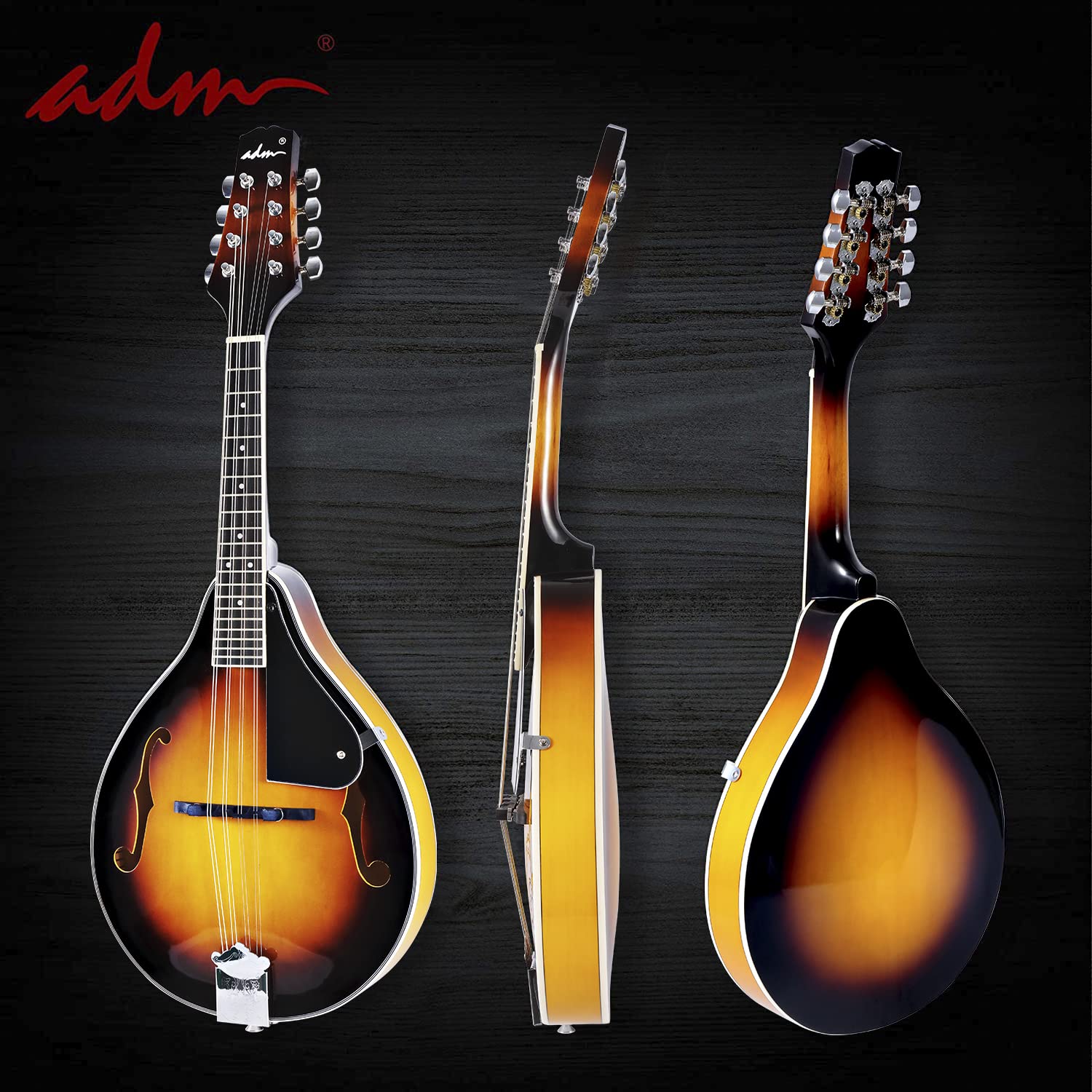 ADM Akustisches Mandolinen-Instrumenten-Set, Musik, A-Stil für Kinder, Studenten, Erwachsene, Holz-Mandolinen, Anfänger-Set mit Tasche, Stimmgerät, EQ, Gurt, Saiten, Plektren und Aufhänger, Sunbrust