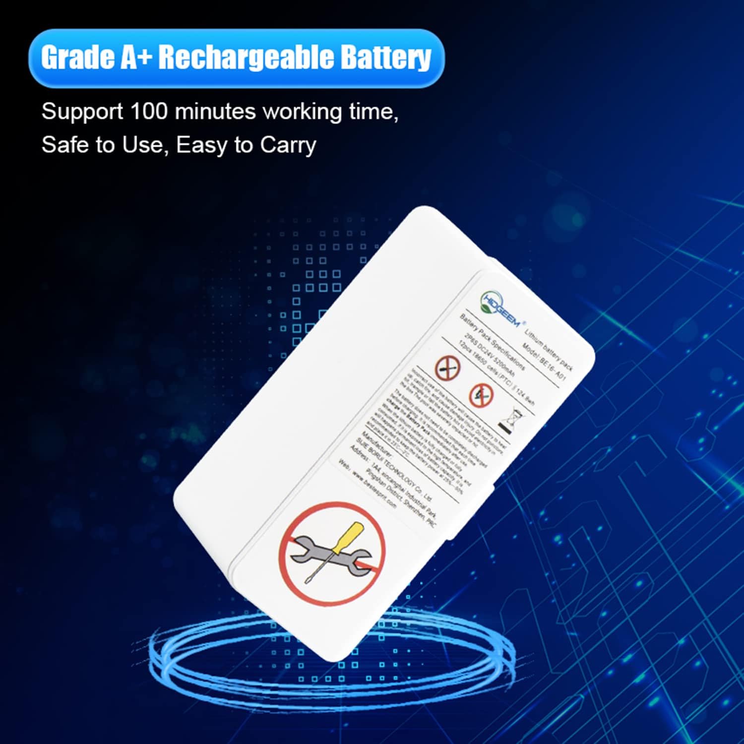 HIDGEEM BE16A01 Li-Ion Battery Pack with 'Grade A+ Rechargeable Battery' text
