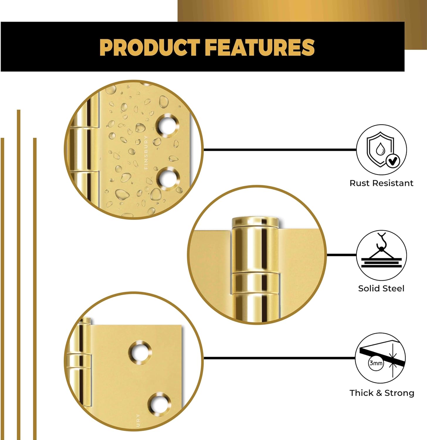 Door Hinge Ball Bearing 4 x 4 Inches Solid 304 Steel Durable Heavy Duty Machined NRP Architectural Grade Mortise Hinges - Set of 2 Shiny Gold Door Hinges (Gold)