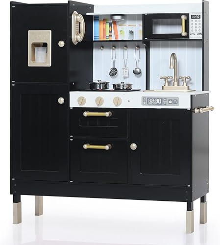 Juego de cocina para niños, juego de cocina de madera para niños con sonidos realistas, juego de cocina con estufa, horno y máquina de hielo, cocina