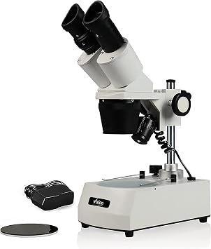 VMS0002-LD-24 Binocular Stereo Microscope, 10x Widefield Eyepiece, 2X and 4X Objectives, 20x and 40x Magnification, Top and Bottom LED Illumination, Post-Mounted Stand, 110V