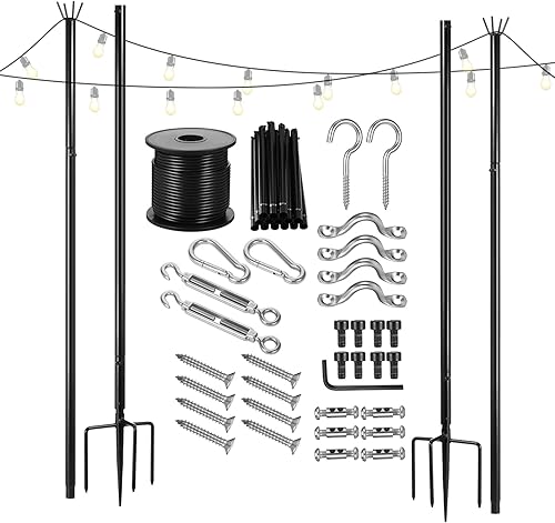 Paquete de 2 postes de luz para exteriores 105 pies con gancho postes de metal para patio para cadena de luces con kits colgantes juego de postes de