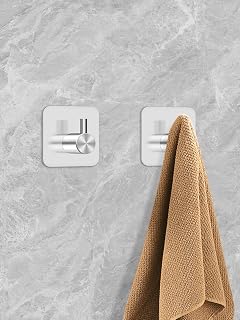 2 Pcs Adhesive Hooks Heavy Duty Waterproof in Shower Hooks for Hanging Loofah, Clothes, Robes for Bathroom Removable Adhesive Wall Hooks Door Hook Stainless Steel Stick on Hooks Square (Silver)