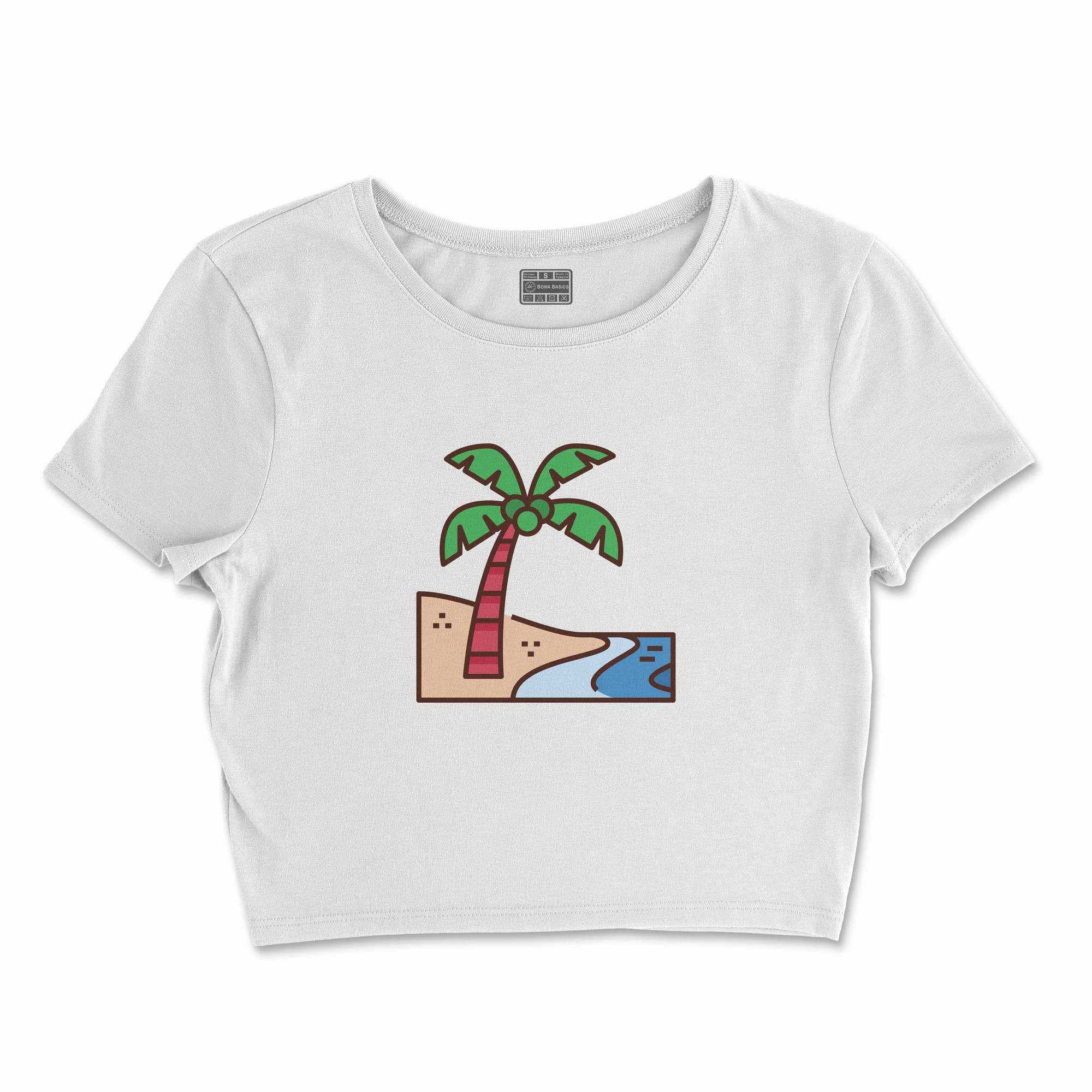 Bona Basics, Digitally Printed, Women's Basic Crop-Top,%100 Cotton, White, Casual, Women's Tops, Size: S