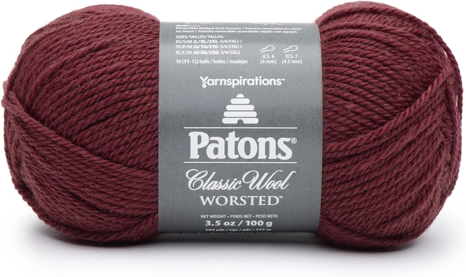 Patons Classic Wool Claret Yarn - 5 Pack of 3.5oz/100g - Wool - 4 Medium - 210 Yards - Knitting/Crochet