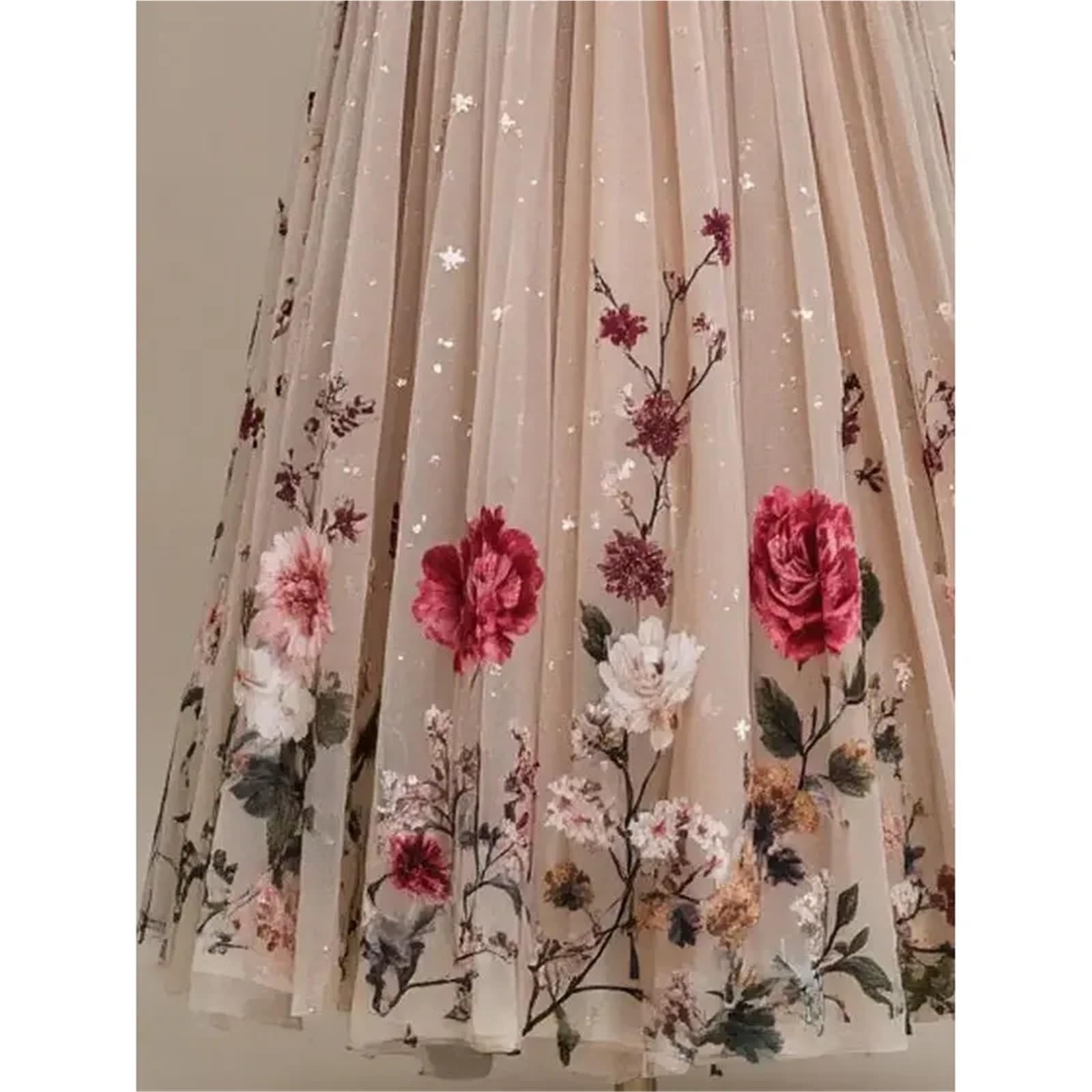 Gonna Ampia da Donna in Rete con Stampa Floreale, a Trapezio, a Vita Alta, di Media Lunghezza per Donna