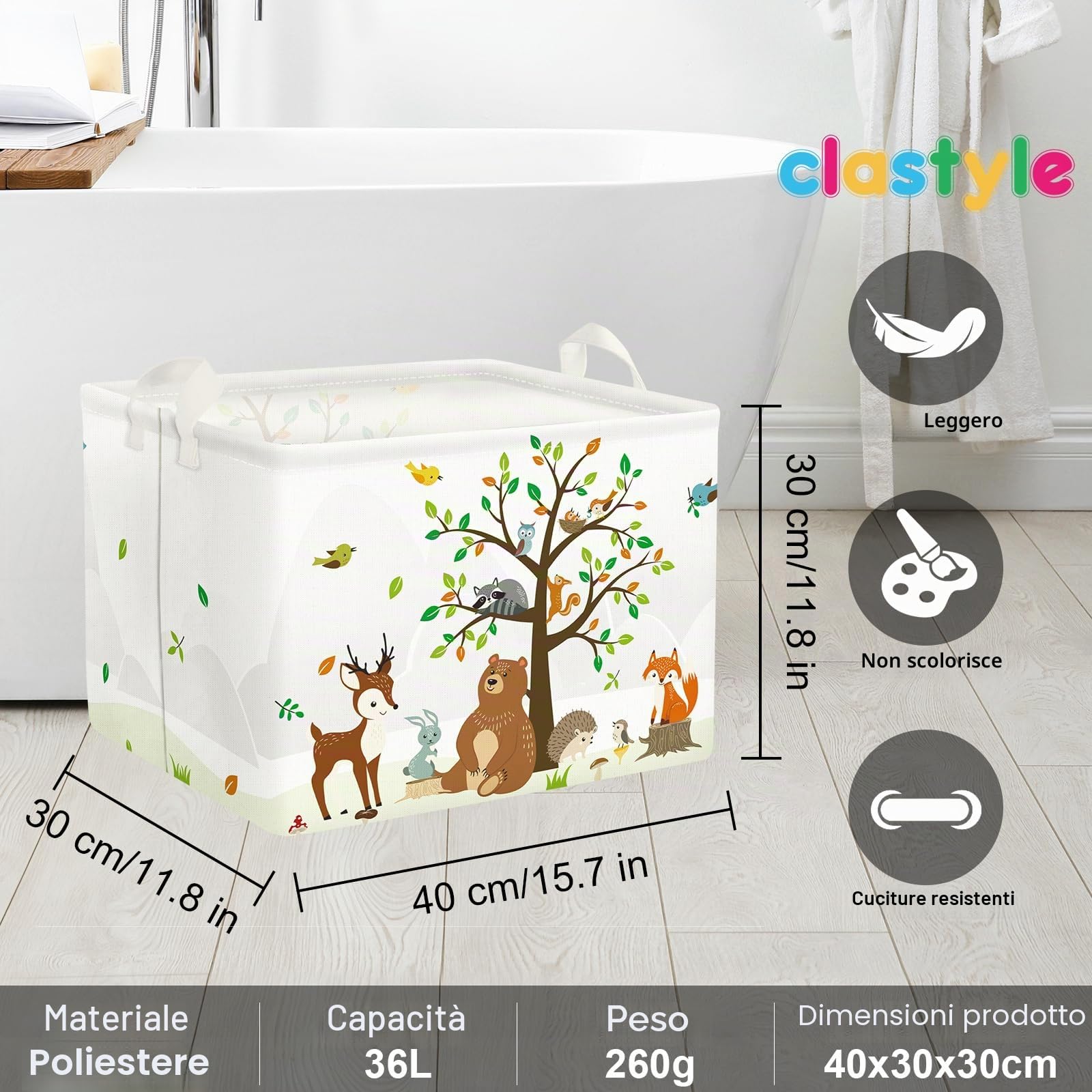 Clastyle Cestino Portaoggetti Cubo Animali Giungla 40x30x30 cm Verde Rettangolare