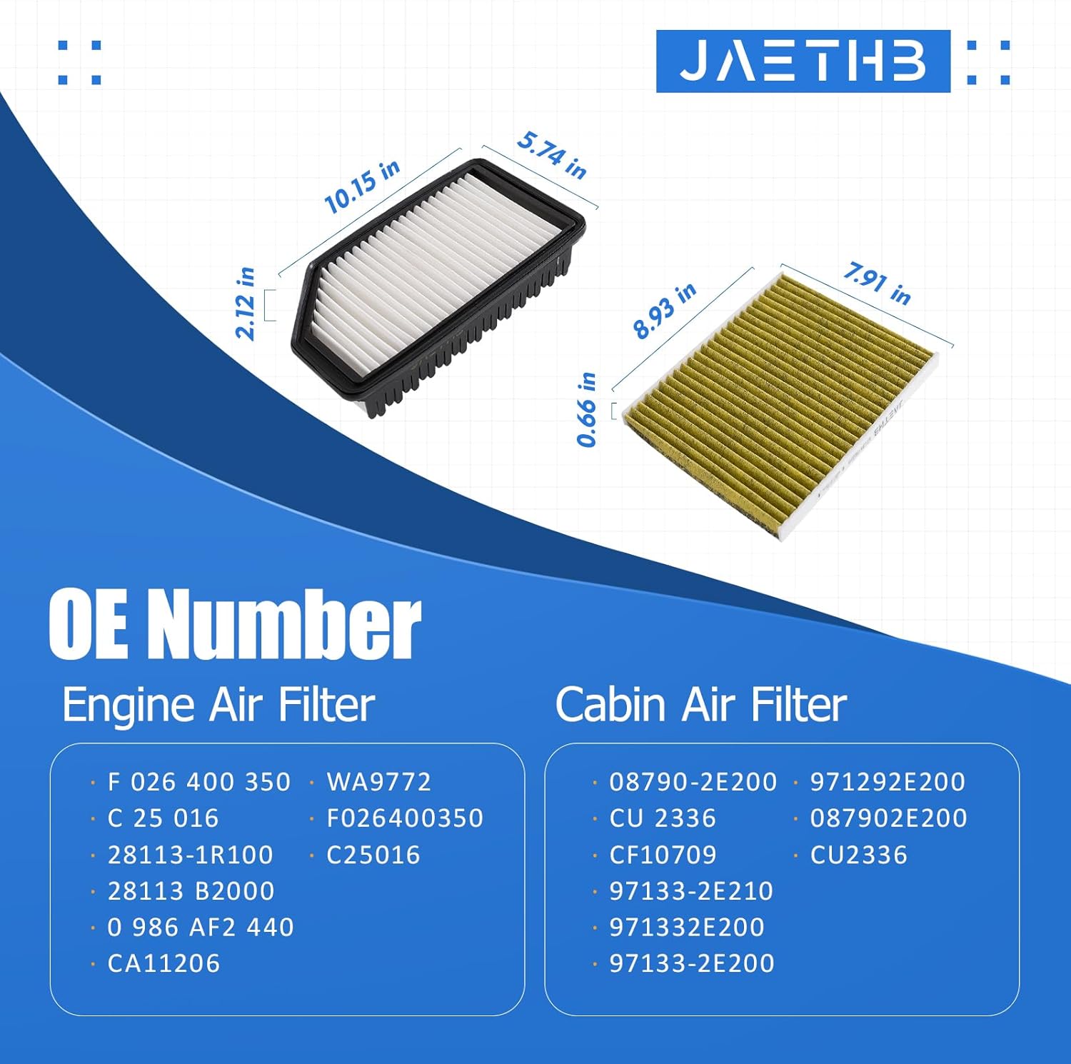 Engine & Cabin Air Filter Set for Hyundai 1.6L L4-Accent Veloster (2012 2013 2014 2015 2016 2017) Replace: 28113-1R100 WA9772 97133-2E210 CA11206 CF10709