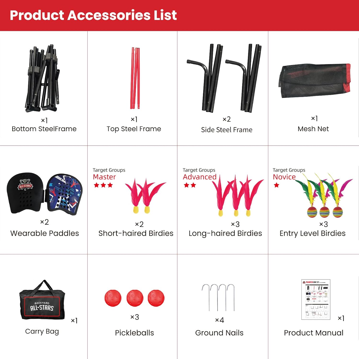 BACKYARD ALL-STARS 20ft x 5ft Badminton Net Set, Nylon Indoor Outdoor Paddle Game Set with 2 Wearable Badminton Glove 9 Birdie