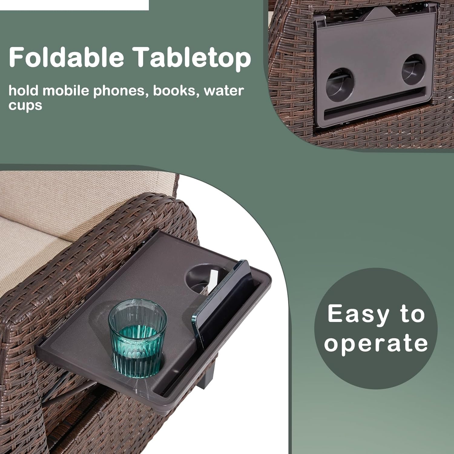 Outdoor Patio Recliner Chair, 180°Reclining Patio Chairs with Adjustable Backrest & Flip-Up Table, Rattan Reclining Lounge Chair, Wicker Balcony Recliner, Beige, 2PCS