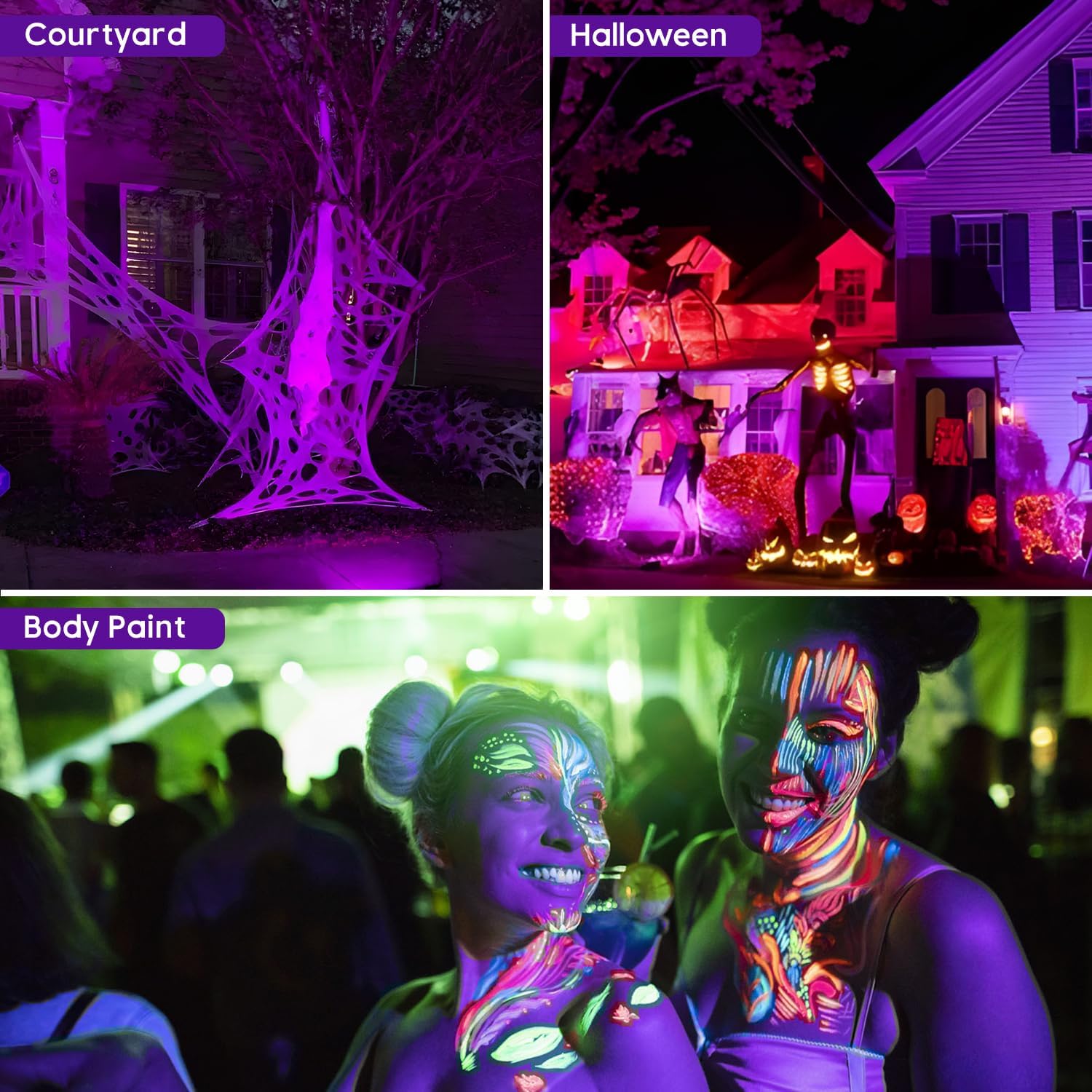 Black Light Outdoor,3W Halloween Blacklight Spotlight IP67 Waterproof Landscape Lighting with Stake 5.9 Ft, Black Lights for Fluorescent Party, Poster,Courtyard Garden, Stage, 6 Pack