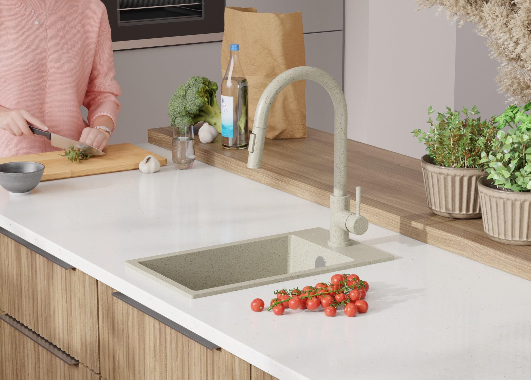 PRIMAGRAN Fregadero Granito Todo Beige - Riga, 28x50cm | Cocina 1 Seno + Grifo 32x20cm + Set de accesorios, sobre Encimera al Mueble 30cm (S018)
