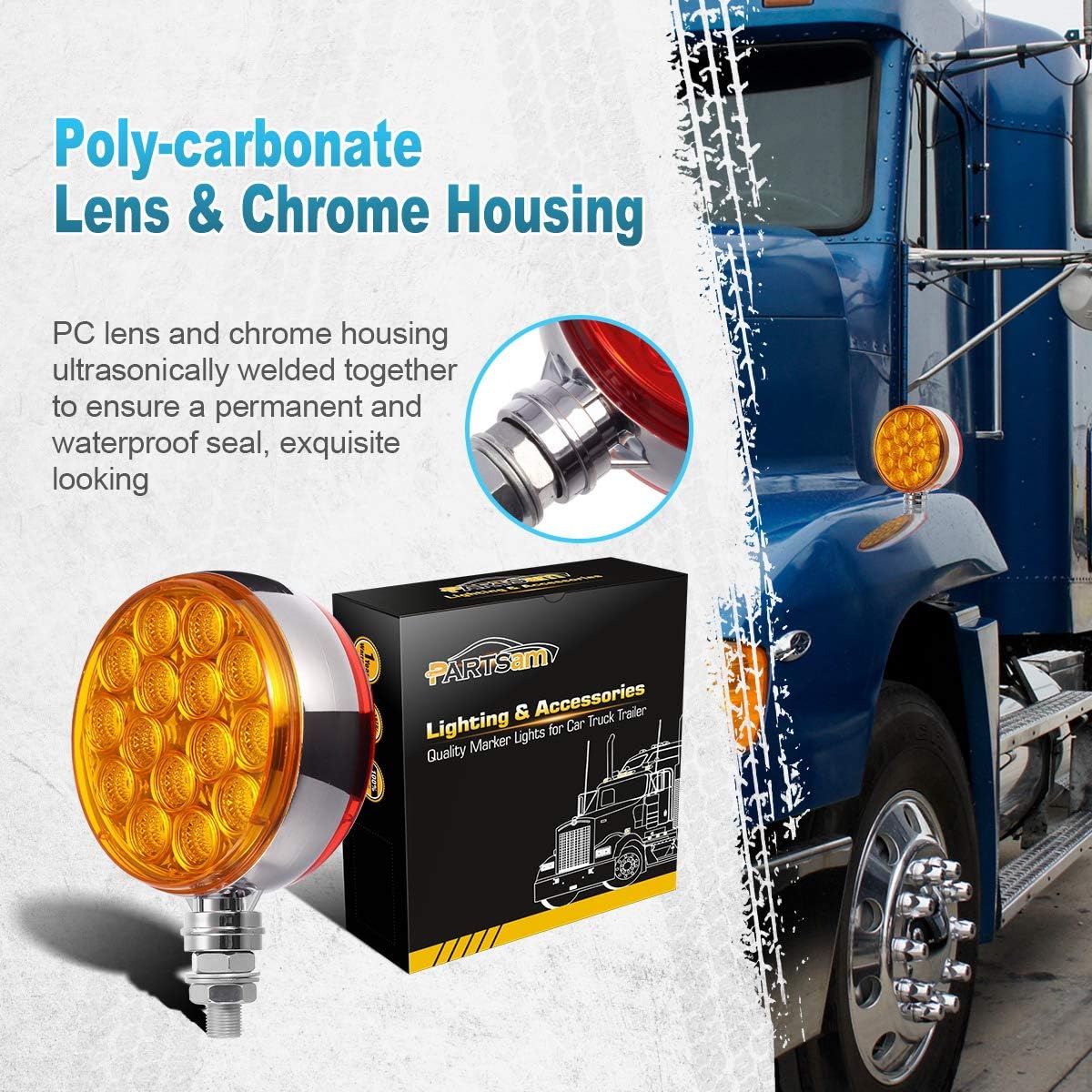 Partsam 2pc 3" Round Double Face Red/Amber 30 LED Pedestal Fender Lights Turn Signal Chrome Miro-reflex Sealed Replacement for Peterbilt/Freightliner/Western Star Trucks Semi Trailers, 10-30V